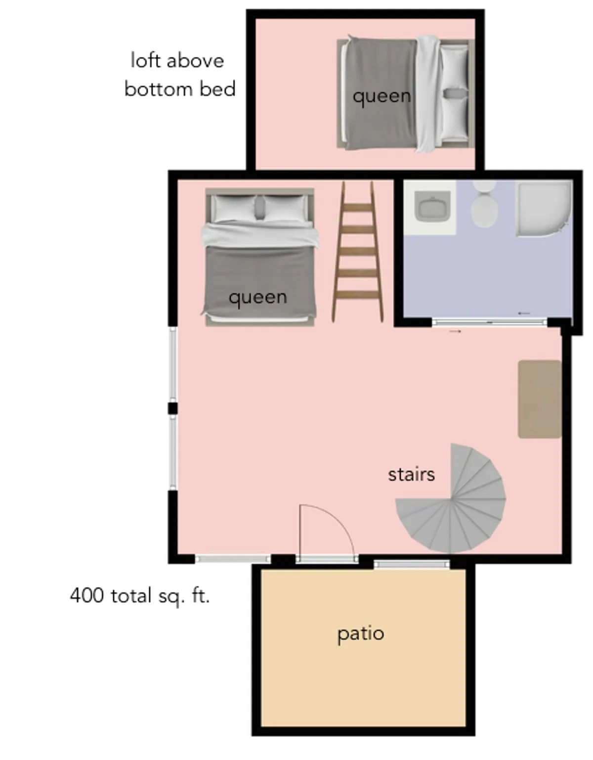 This image captures the split-level layout of the retreat, showing both the master suite and open loft area, each with a queen bed. The stairs and patio suggest the elevated design and connection to the outdoor balcony, while the inviting decor fosters a sense of togetherness.