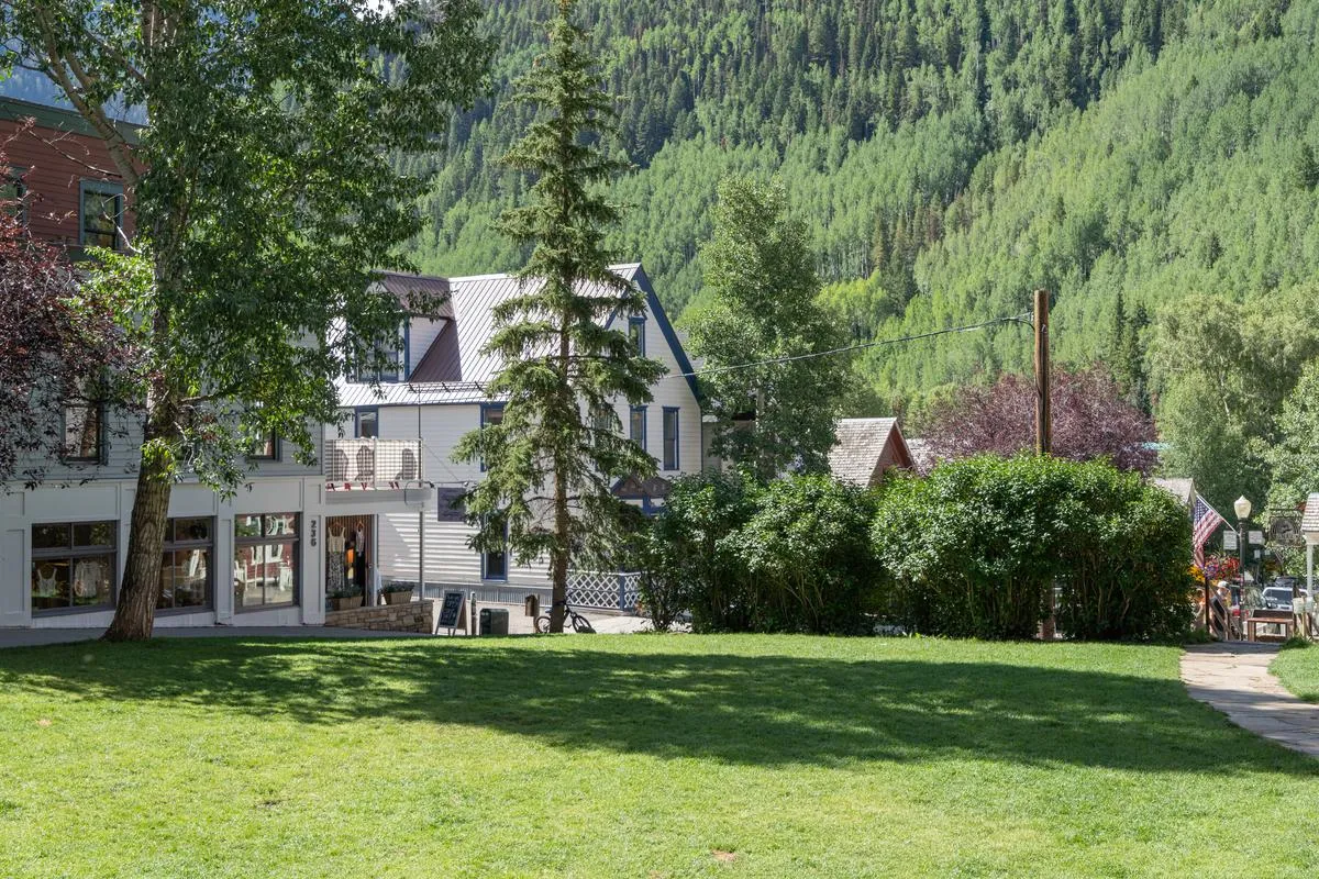 A lively green area with surrounding trees, varied architecture, and a pathway leading into the heart of the community. The space is designed for outdoor activities like walking, picnicking, and socializing, evoking a relaxed and family-friendly atmosphere.